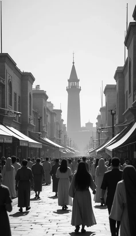 A bustling ancient Alexandria, with lively marketplaces, grand architecture, and the iconic Pharos lighthouse in the background, crowds in traditional Egyptian attire, black-and-white classical style, cinematic detail