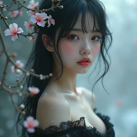 sexy erotica, (large cleavage,Big tits),(1 girl,korea face  sexy 18 year old girl ,  pale skin, (body heigth:140cm),  innocent look, Young face,,gothic state of a snowy female creature in macro mode in a flower explosion against the background of hallucina...