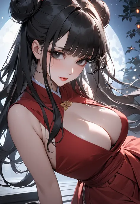 (( best quality )), (( Masterpiece)), ( Details), Young woman, ( Medium Breasts, Black hair, Black eyes, ((Long hair, buns)) ,(Bangs),Beautiful face,Long eyelashes,Thick eyelashes)  , milf,Diffuse light, sexy, Elegant, ดวงตาที่มี Detailsสวยงาม,  Sensual wo...