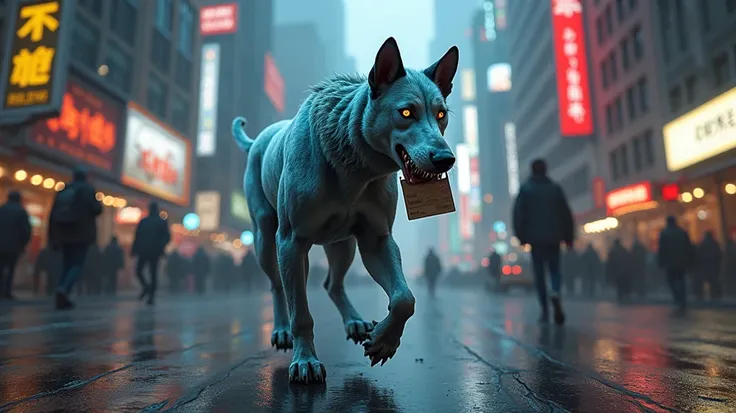 Create a mutant dog in the city carrying a school card