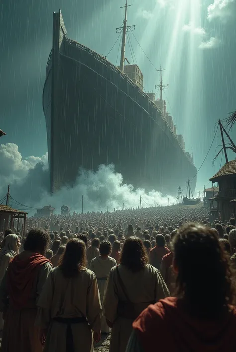 create a biblical image of Noahs ark, it is raining a lot, the rain is flooding the earth, the population that did not enter the ark are terrified outside the ark, lamenting, screaming and crying, wanting to enter the ark