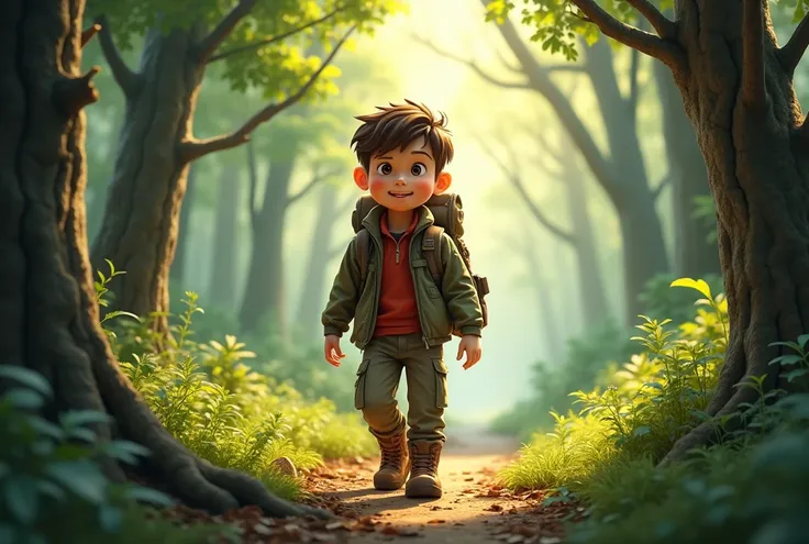 A boy with adventure outfit walking in the woods