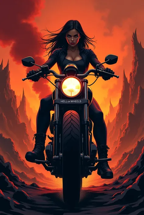 Woman on motorcycle in hell logo what does Hell on Wheels say