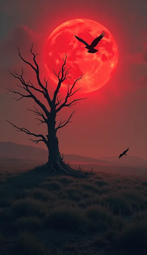 There was a big piece of land and a dried up tree on the land and red moon rays burning in the sky and green grass on the land  two birds flying