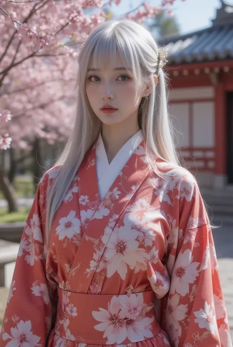 A captivating portrait of a stunning Japanese woman with a perfect body, featuring long, straight, silver hair. She is adorned with elegant hair ornaments and wears a striking futuristic neon floral kimono. The kimono showcases brilliant colors and is ador...