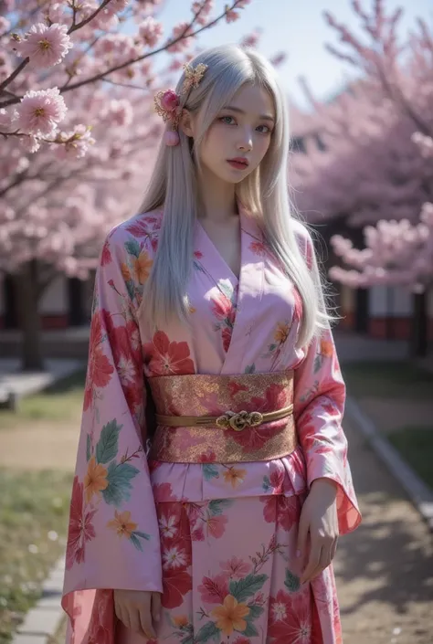 A captivating portrait of a stunning Japanese woman with a perfect body, featuring long, straight, silver hair. She is adorned with elegant hair ornaments and wears a striking futuristic neon floral kimono. The kimono showcases brilliant colors and is ador...