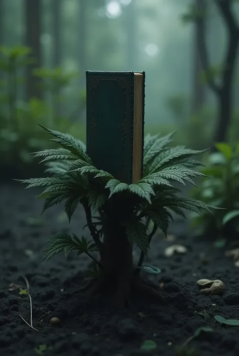 a book of shadows, placed in a kind of diabolical plant, so that he holds him in the air, as if holding him with his branches,  he is surrounded by a black mud and has characteristics of an umbra environment