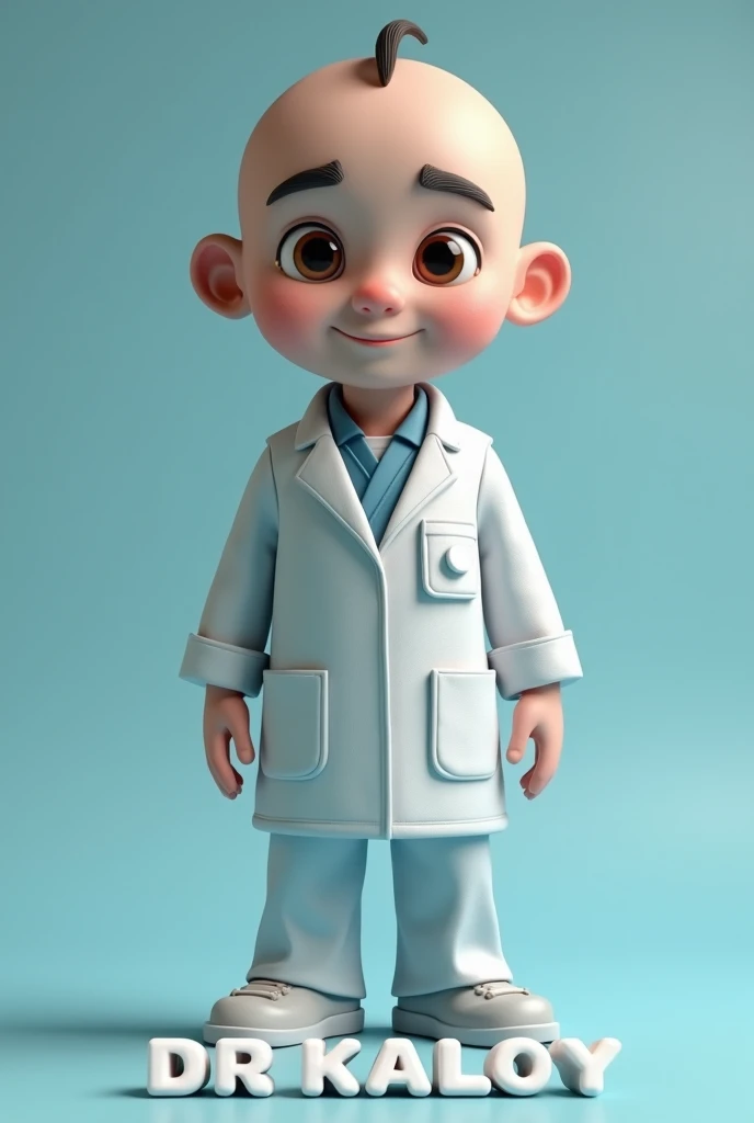 Create 3D render image of a doctor with semi skin head hair , semi-rounded face, semi bald, fair skin, clean face, with name "DR KALOY" written on the floor in 3D white letter style, embossed, realistic, with clear background of a intergalactic medical cli...