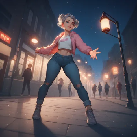 ((film , hips, light particles ,specks of dust ,  Extreme camera angle .)),  dynamic pose ,  Full-length photo of a young attractive broken cyborg woman, eyebrow up, Night, street lamp, gray hair 