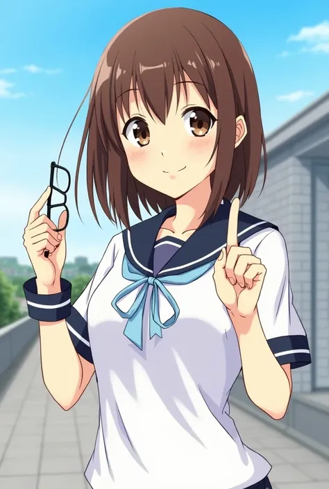 Brown Hair　 female middle school student　school rooftop background　Asahi　anime　Japan　Brown eyes　smile　Point your finger in front　 standing　 white sailor suit　whole body　Hold glasses in your left hand