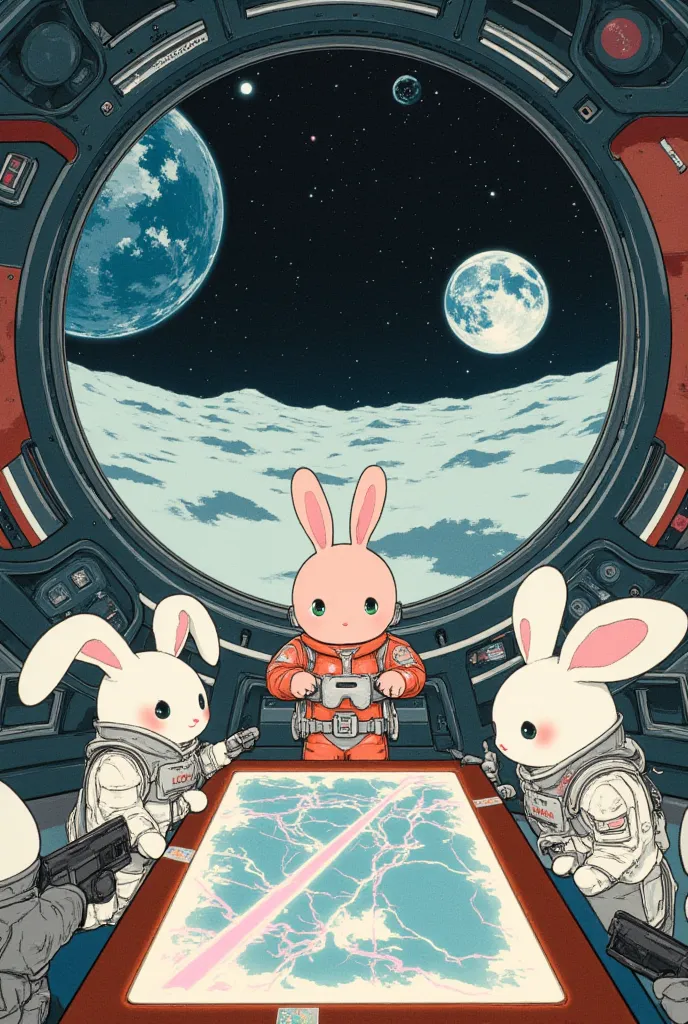 a humorous and imaginative scene featuring a group of anthropomorphic rabbits in a futuristic moon base, conducting a strategic ...