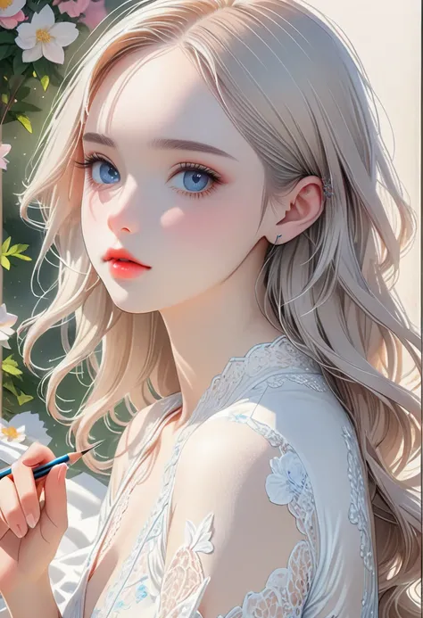 1 beautiful woman、white silk lace dress、portrait shot, over-the-shoulder look, dynamic angle, detailed face, beautiful eyes, detailed lips, pale skin, long beautiful hair, Perfect Anatomy, Art、ad、Low saturation, color pencil drawing、draft drawing、illustrat...