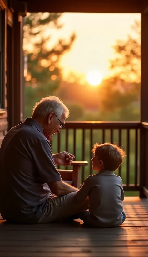  Sitting side by side on a wooden porch , the boy looks curiously at his grandfather ,  who smiles gently and points to the horizon . In the background, trees and a golden sunset create a tranquil atmosphere.  