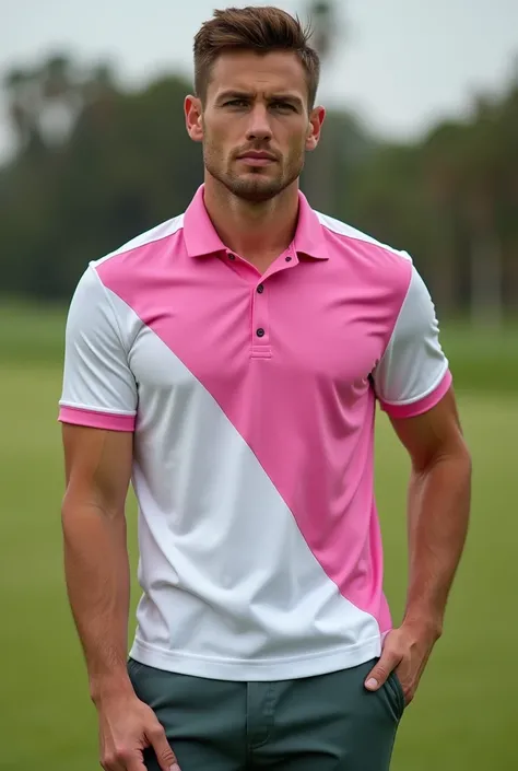  sports polo with a combination of pale smoke white and dark fuchsia, V-neck 
