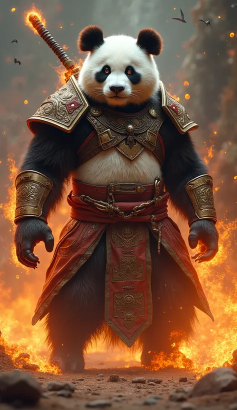 giant panda sorcerer, fire powers, wearing shaman armor, holding magic, battle arena, ultra realistic photography