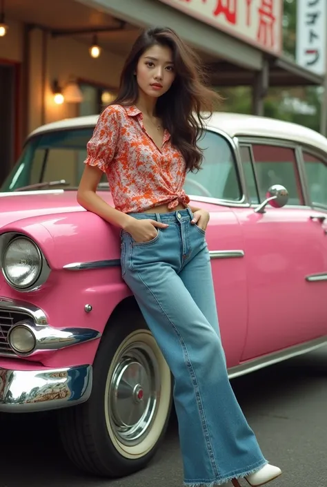 "Create a high-quality image featuring a japanese pretty teen, hair styled in loose waves, reminiscent of the 1970s. She is leaning casually against a vintage pink car from the 1970s era, capturing the essence of that time period. The car is a classic mode...