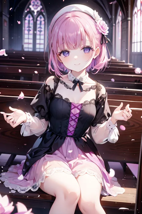 perfect face. perfect hands. a petite pink haired woman with violet eyes in a pretty lace gown is smiling while sitting on a pew...