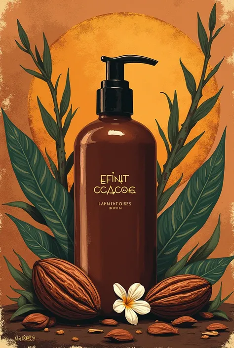 .Étiquette de produit cosmétique beurre de cacao pour corps et cheveux. Artistique, africain , avec pour titre beurre de cacao et je veux voire  de jolis cacao sur laffiche