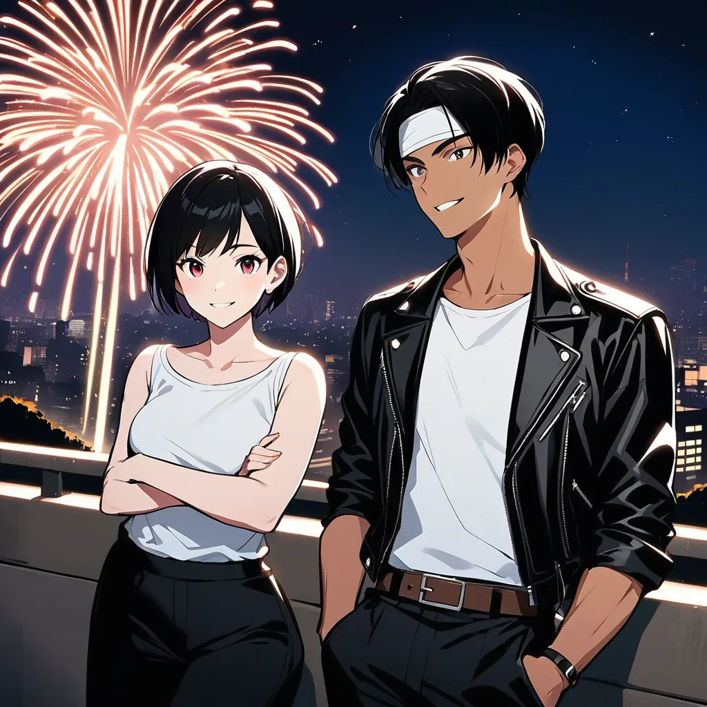 animation characters standing in front of the fireworks festival in the city, on rooftop tokyo night,  promotional art from the ...