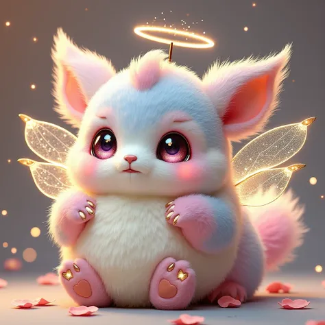 A small and irresistibly cute creature that embodies divine and magical beauty. It has a round, plushy body covered in soft pastel fur, blending colors like pink, cream, and baby blue. Its large, glowing eyes shimmer with colors that shift between lilac, g...