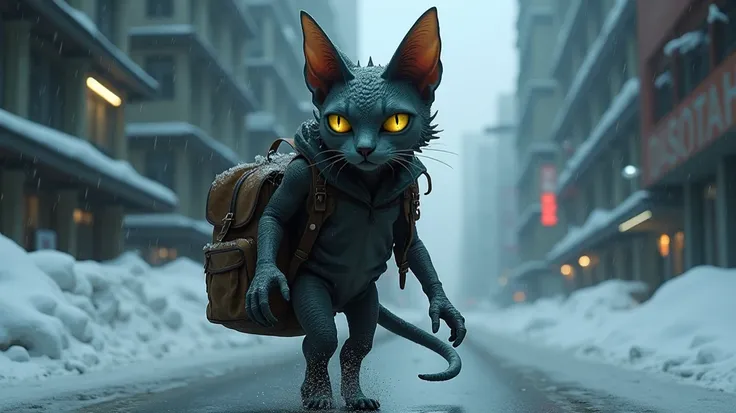 Create a mutant cat in the snowy city, Carrying a school bag 