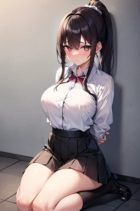 (highest quality, Tabletop:1.2), 超A high resolution, origin, One Girl, alone, Detailed face, Big ample breasts, ((((Hands tied behind your back)))), ((Put your arms behind your back)), tight skirt, black skirt, dark Brown Hair, ponytail, medium hair, half ...