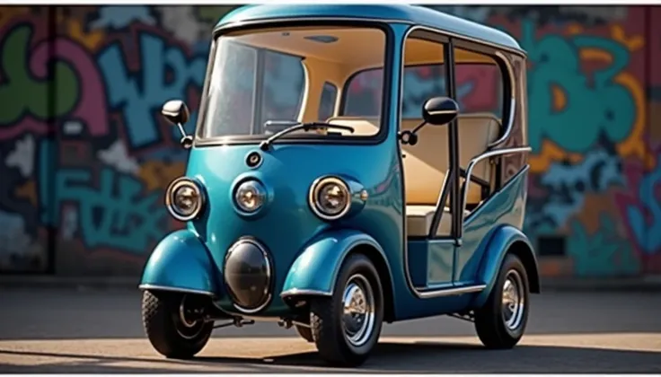 "A futuristic and stylish electric rickshaw with a retro design, featuring a glossy blue body, large round headlights, a single central LED headlight, and sleek three-wheel architecture. The vehicle is parked against a vibrant graffiti-covered urban wall, ...