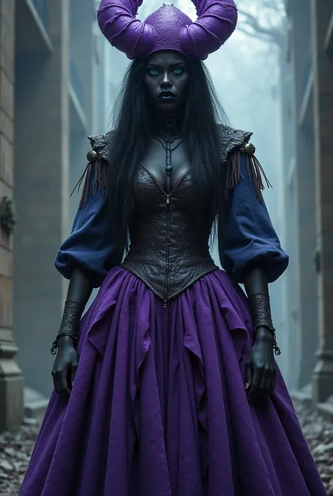 Scary woman,  black hair , Black skin,king,Black Lipstick,blue eyes, Large purple skirt, rock blouse,Farrapo purple hat