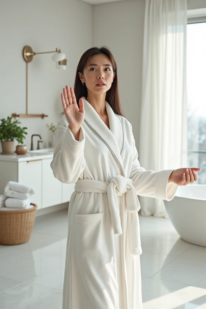 Woman asking to stop dressed in a bathrobe in a beautiful white bathroom 