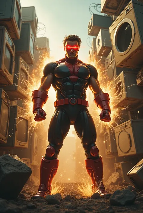 Cyclops from the Xmen the one with the red lenses fighting with old appliances 