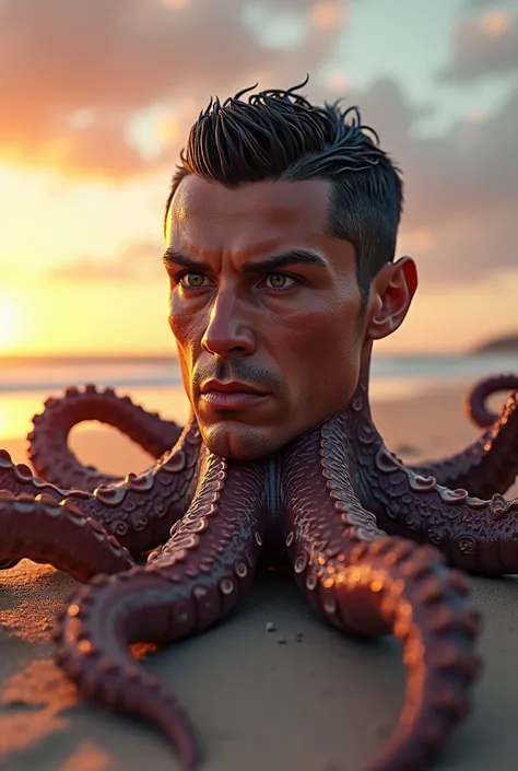 Create a hybrid monster body with octopus and Ronaldo, wide shot, background sea beach , sunrise view , flame eyes 