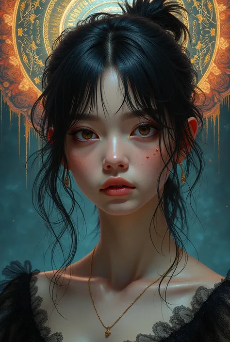 Artwork, hyper realistic-surreal and fantasy composition, splash art and alcohol ink, dynamic, featuring Anna Sawai, messy mid-length hair, Jose Royo style, Boris Vallejo, Carne Griffiths, Wadim Kashin, incredibly detailed and beautiful, stunning atmospher...