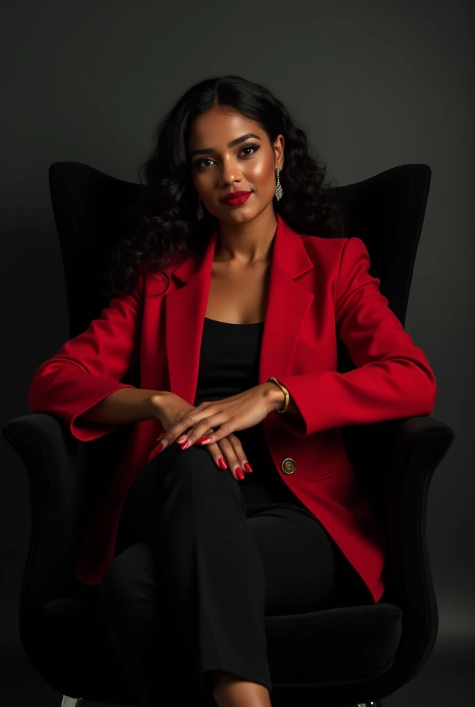 25 year old Woman, 1,60 tall, 58 kilos,  dark skin color ,  long black hair ,  curly hair, Sitting in a black chair, elegant,  wearing a red Blazer with black pants, nails with red nail polish, com brincos elegants pretos, light makeup , dark background —a...