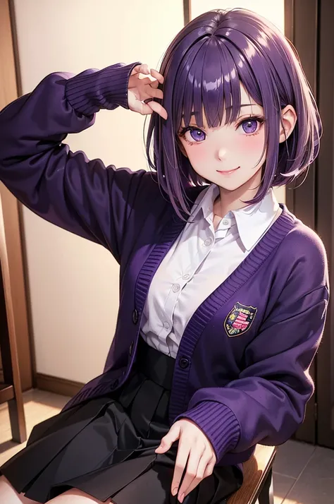 ( best quality, high definition ,8k,inelity detailed background, masterpiece :1.2), pretty girl,( glossy purple hair :1.3),(long hair:1.2) ,short hair, bob cut, ,Beautiful purple eyes,autumn,school uniform,black cardigan, muffler ,skirt,black tights,(zetta...