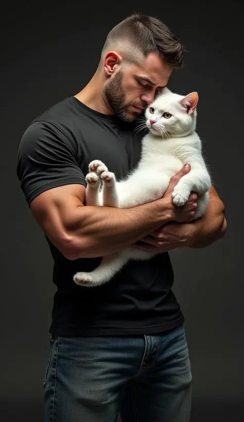  bodybuilders white cat is wrapped around a human body、Wear a black t-shirt and black jeans, A troubled 、 high definition , accurate,  MULTIPLE AWARDS ,  high definition model ,  RETINA,  textured skin,  Ultra High Definition,  Very detailed, quality, 高い D...