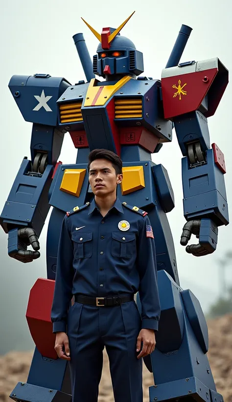 A Filipino soldier in a modern navy blue uniform walking facing forward. Accompanied by a giant combat robot painted in blue, red, white and yellow, with three stars and a sun design of the Philippine flag.