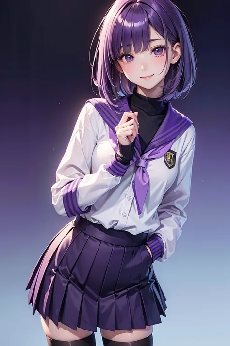 ( best quality, high definition ,8k,inelity detailed background, masterpiece :1.2), pretty girl,( glossy purple hair:1.3),(long hair:1.2) ,short hair, bob cut, ,Beautiful purple eyes,autumn,futuristic uniform ,school uniform,black cardigan, muffler ,skirt,...