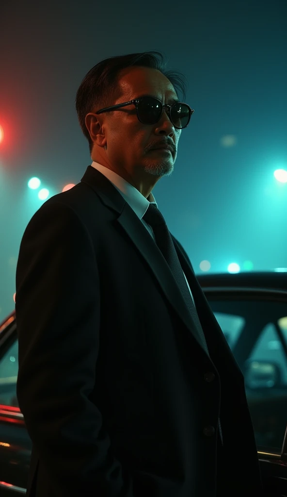 photography,  actual , Retro, Film Grain, Wong Kar-wai, Dark lighting,  unique , A middle-aged man in a black suit and black sunglasses,  serious expression ,  Hand in pocket , Hes leaning in a car , Vague, Bokeh ， Rich and Deep Colors ，32k Quality 。大师级pho...