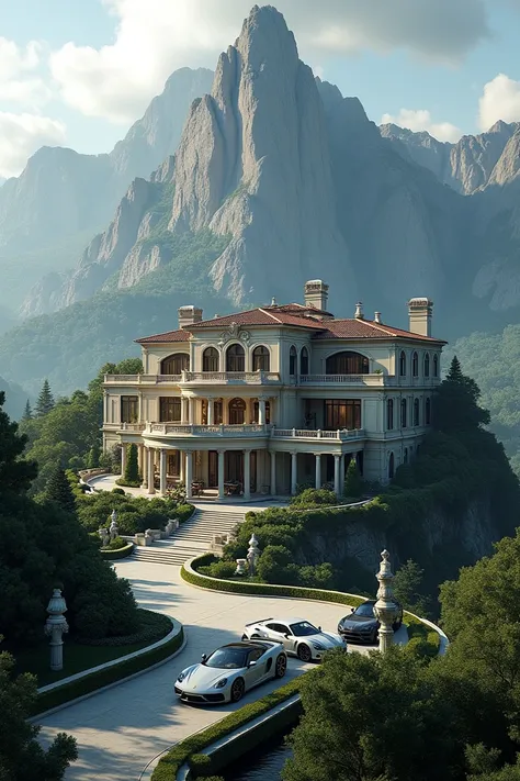  A mansion that is very luxurious,that has luxurious cars  
, and that it is on a mountain  