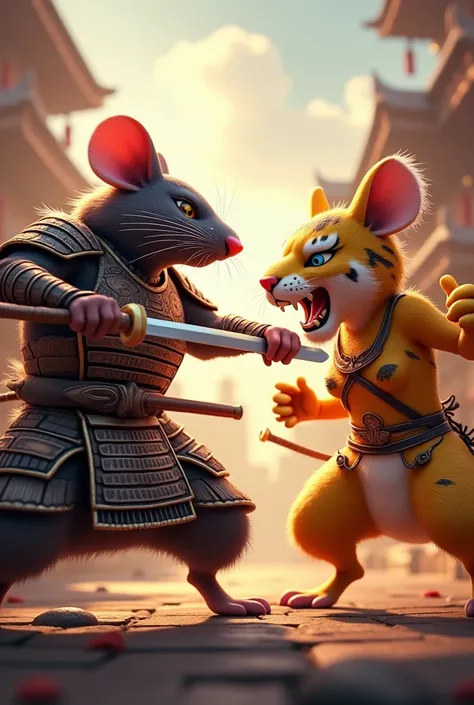 3D game logo samurai rat defeats samurai tiger and banana woman with cool sword 