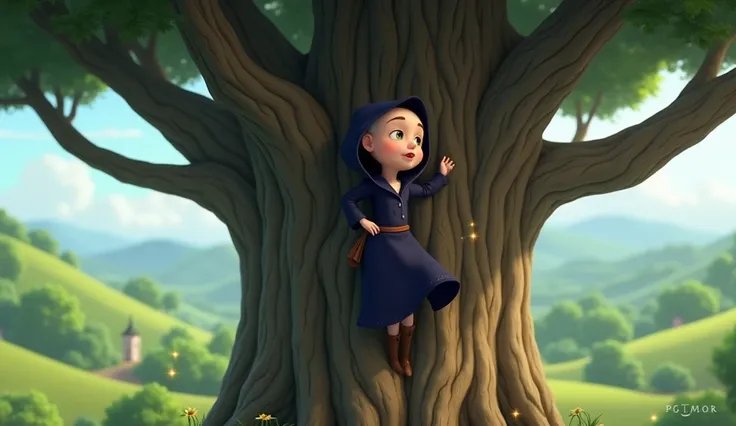 Bald witch girl climb on tree, 3d pixar cartoon