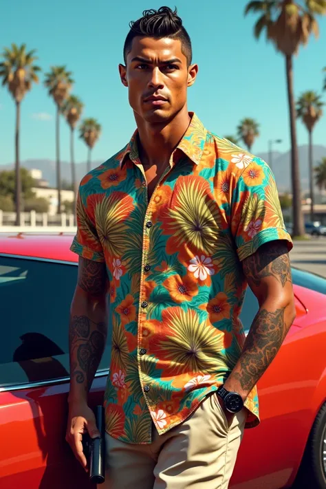 Ronaldo wearing shirt with summer print on it standing with lamborghini his face looks should be real like ronaldo and with background los Angeles  having tatoos on his arm and have gun on his other hand.