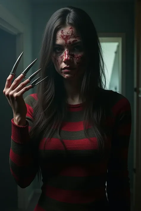 Freddy Krueger, female version with slightly burned skin and visible scars, creating a macabre atmosphere. She has long, disheveled hair, with piercing eyes and an expression of anger and revenge. The character wears a striped sweater with worn details, bu...