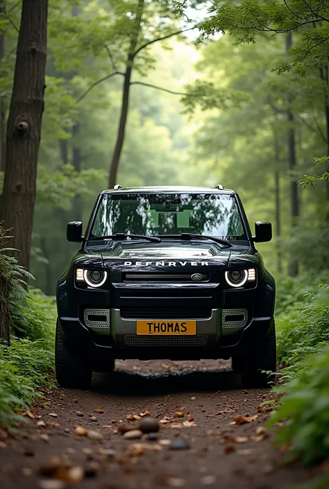 "Create a realistic depiction of a black Range Rover Defender parked in a dense, natural forest setting. The vehicle is positioned on a rugged dirt path surrounded by tall trees, thick bushes, and vibrant green vegetation. The license plate is yellow and p...