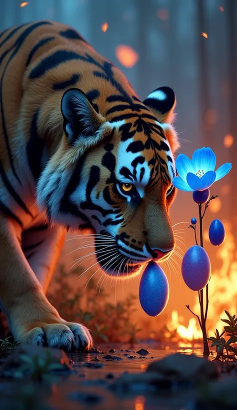 Amidst the burning swamp, a ferocious tiger prowls through the chaos, its striped coat shimmering in the glow of the flames. It crouches low near the strange, radiant plant, its glowing blue flowers casting an ethereal light across the tiger’s sharp featur...