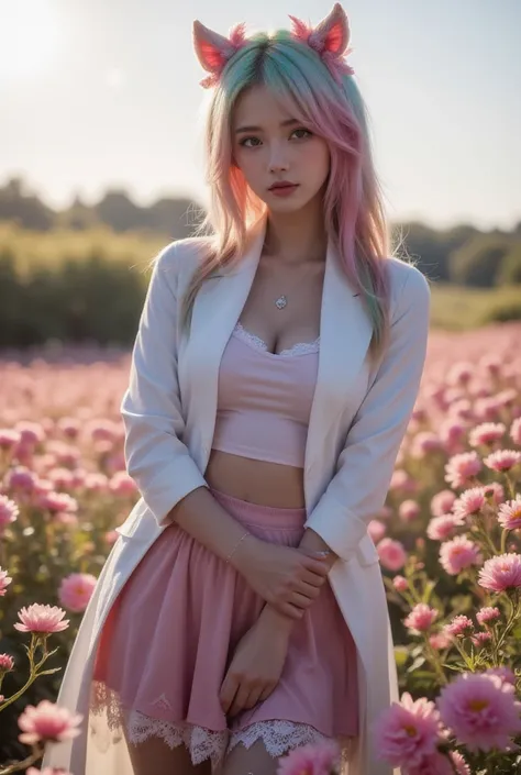 movie photo solo,1 girl,,Lace-edged_skirt,Two colors_pantyhose,big breasts,(colored hair:0.1),Beautiful girl standing on flowers,Facial details perfect,And the details of the characters are also exquisite,Fashion portrait,bright colors,clean background,pan...