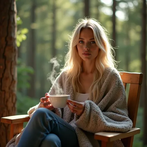 Create a realistic image of a 20 year old woman, long blond hair, blue eyes, cheekbones, ((full body)), from head to toe, full body. hyper realistic photo.
is photographed on the terrace of a treehouse, in the heart of a forest in the Pyrénées-Orientales. ...