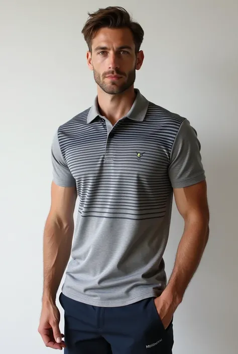  sports polo with stripes details a combination of light gray and round neck scarf
