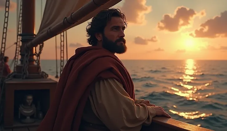  Paul traveling by ship to Jerusalem , with a determined look,  knowing the dangers that await , but with unwavering faith .  The calm sea and the sky at dusk symbolize Pauls courage.