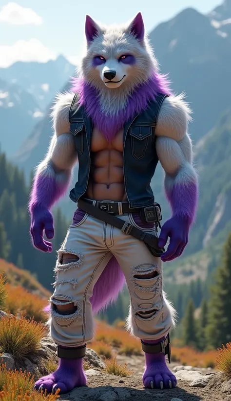 A funky looking CGI furry Wolf who loves white, purple grey and black, he is very Masculine build, athletic too, Dressed in a sleeveless vest and a torn white denim, background the mountain of Appalachia very vibrant scene, ultrarealistic, hyperdetailed, 4...